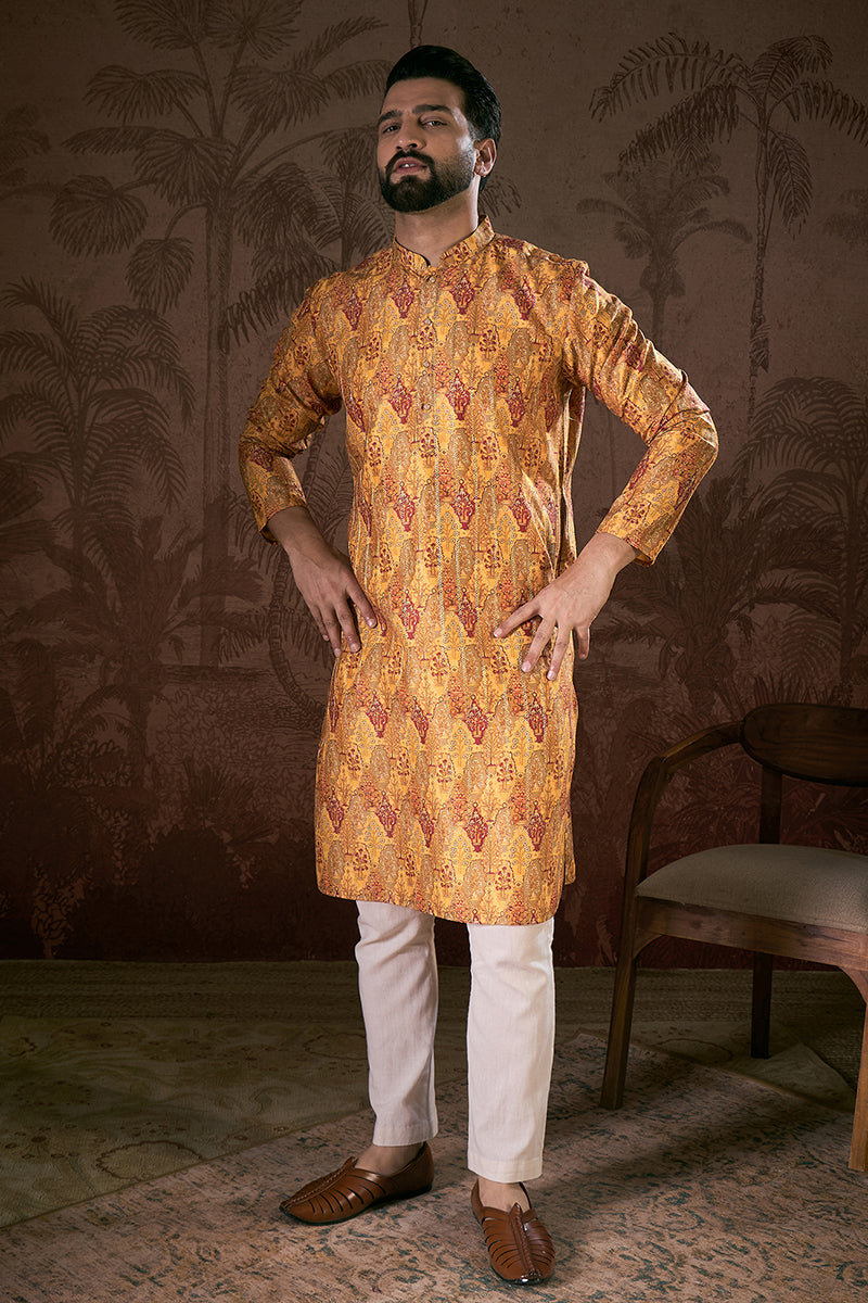 Mustard Silk Blend Ethnic Motifs Printed Straight Kurta MKU1925