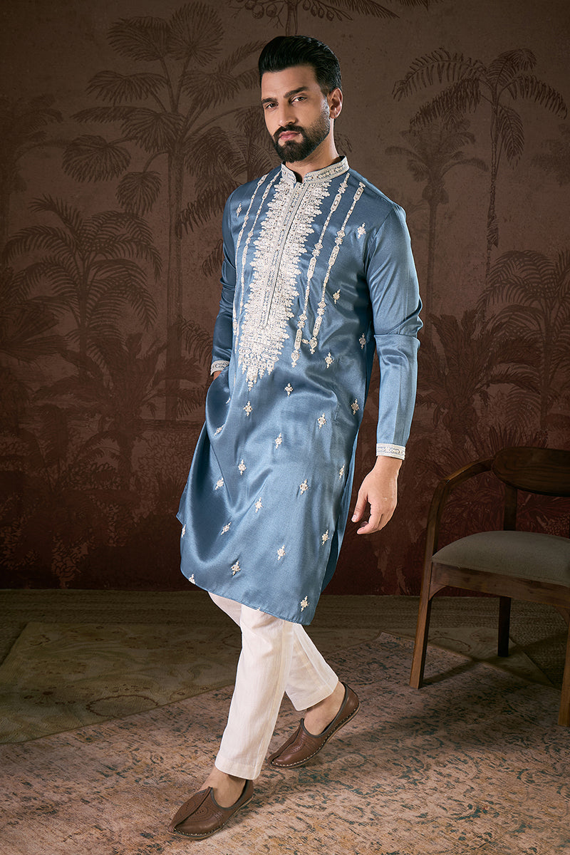 Blue Silk Blend Solid Embroidered Straight Kurta With Trouser MKSET1881