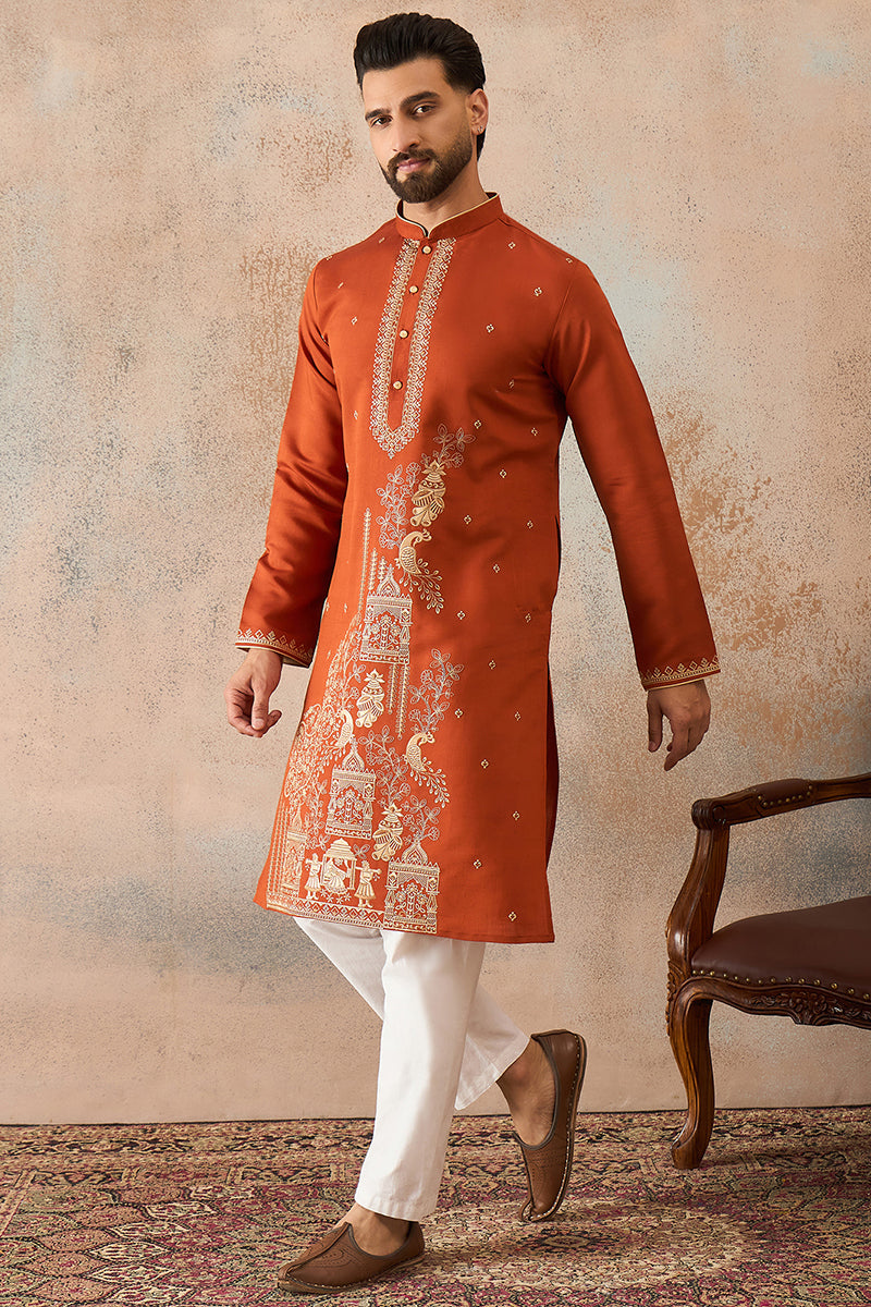 Mens Brown Viscose Rayon Solid Emboidered Straight Kurta MKU2206
