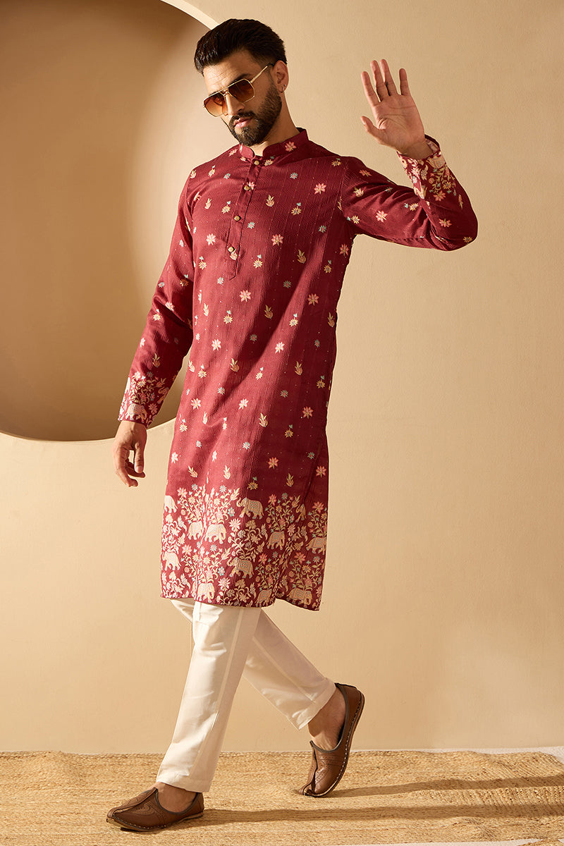 ethnic-bay-mens-maroon-silk-blend-woven-design-calf-length-straight-regular-kurta-with-trouser-mkset2368