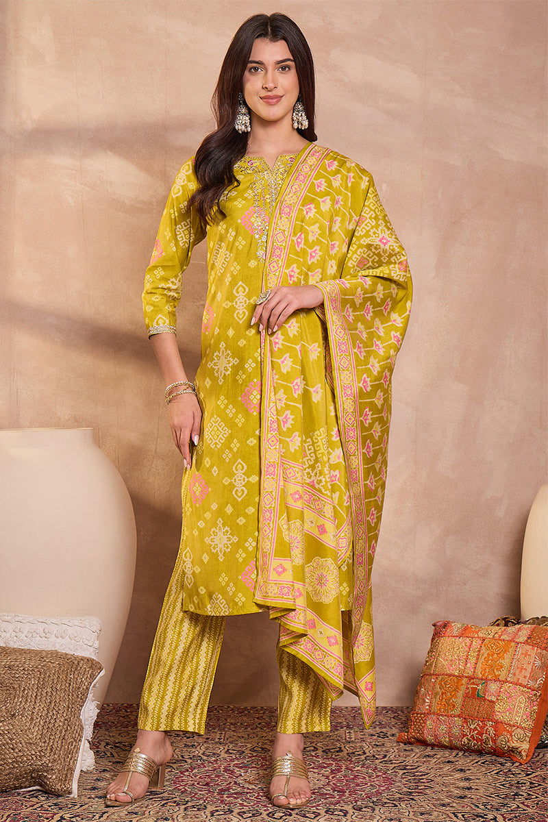Silk Blend Ethnic Motifs Printed Yellow Kurta And Trousers With Dupatta