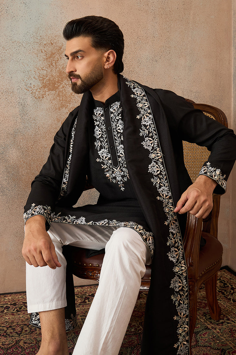 Mens Black Silk Blend Solid Embroidered Kurta With Dupatta MKUD1043