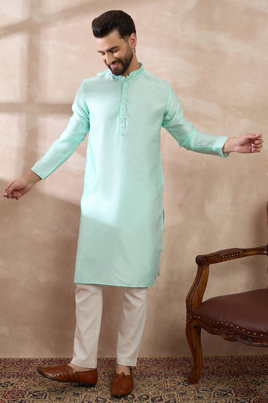 Teal Polyester Woven Design Mandarin Collar Straight Kurta MKU2016