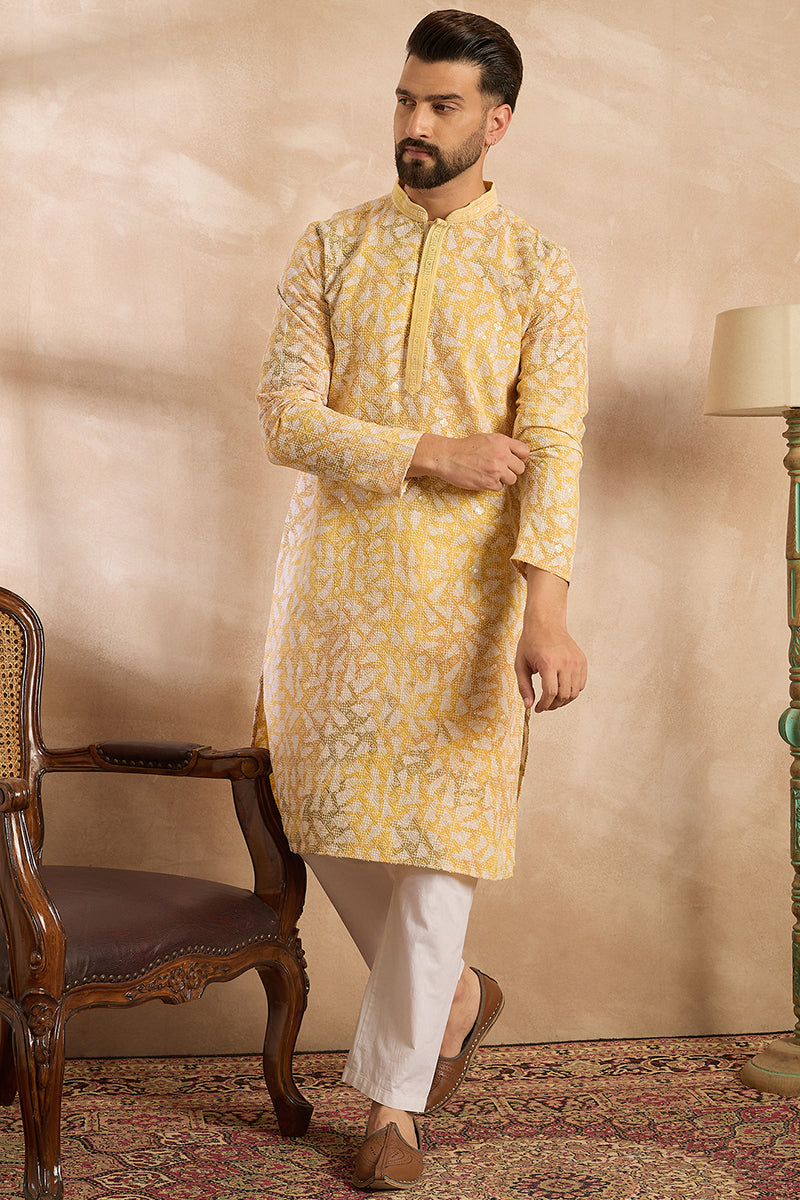 Yellow Viscose Rayon Solid Printed Straight Kurta With Trouser MKSET1657
