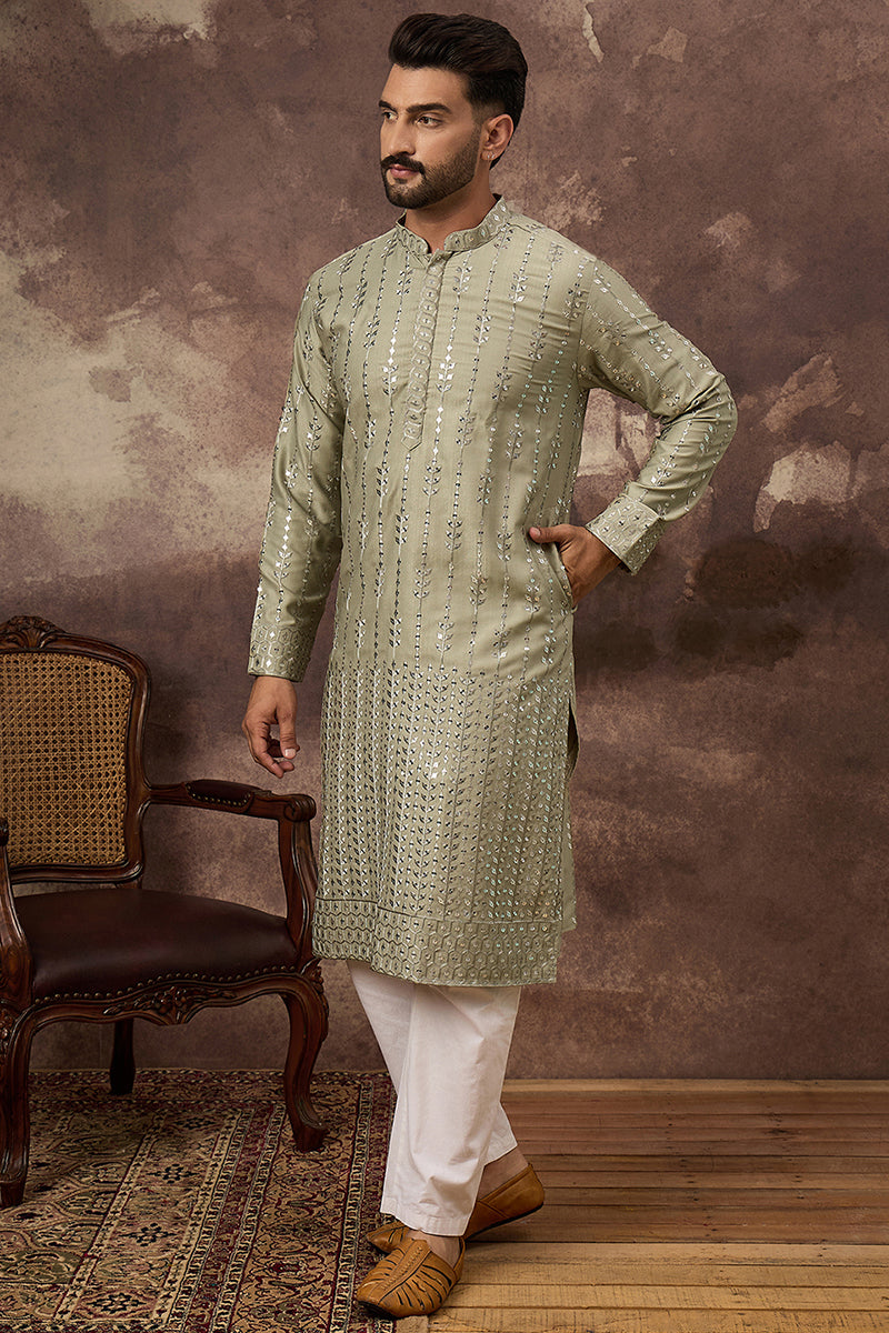 Green Silk Blend Solid Embroidered Straight Kurta With Pant Set MKSET1356