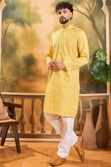 yellow silk blend solid embroidered straight kurta