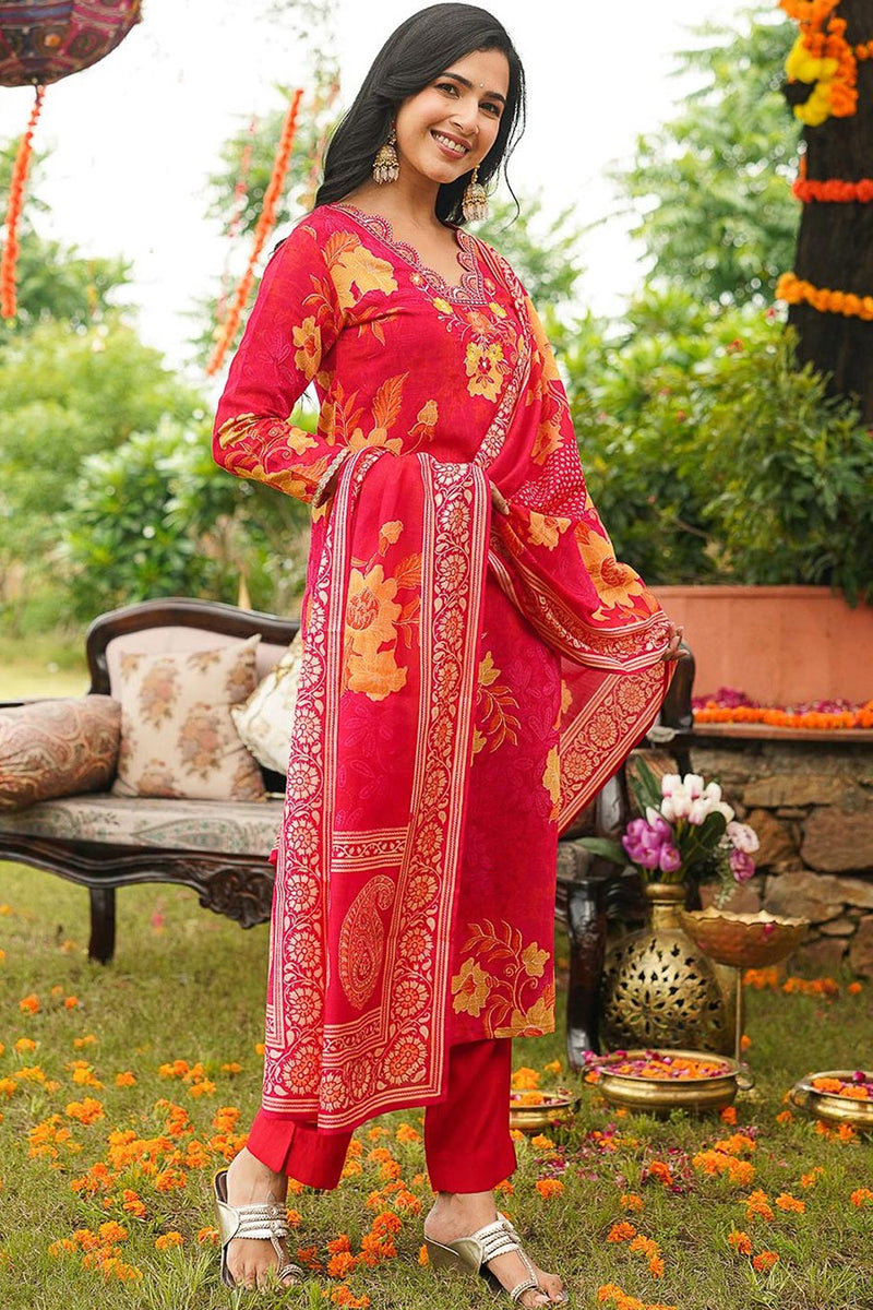 red viscose rayon floral embroidered straight kurta trousers with dupatta 