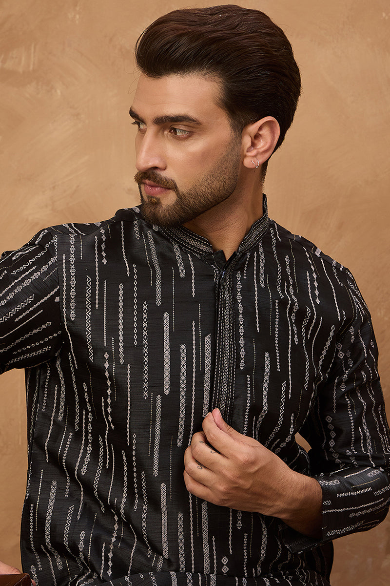 black silk blend geometric printed straight kurta