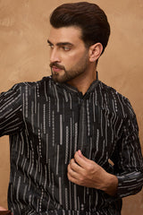 black silk blend geometric printed straight kurta