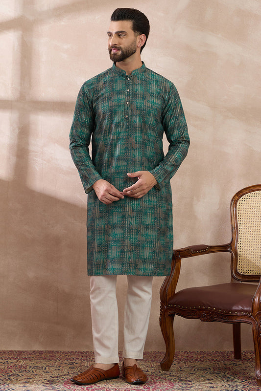 Green Silk Blend Printed Mandarin Collar Straight Kurta With Trouser MKSET2021