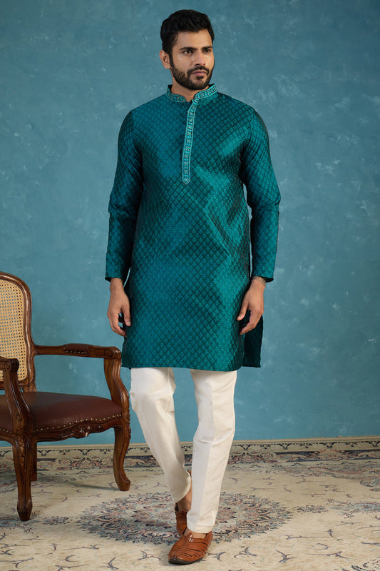 Mens Green Silk Blend Woven Design Straight Kurta With Trouser MKSET1838