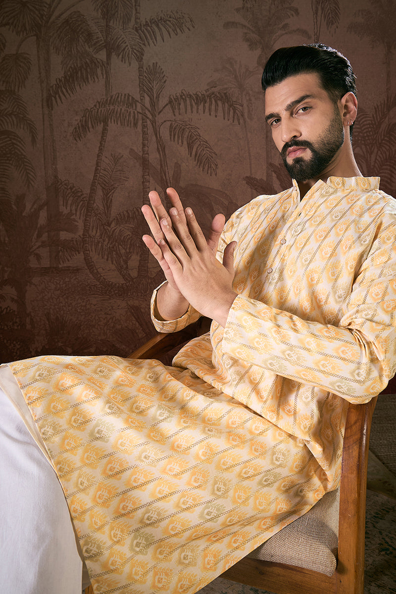 White Silk Blend Ethnic Motifs Printed Straight Kurta With Trouser MKSET1914