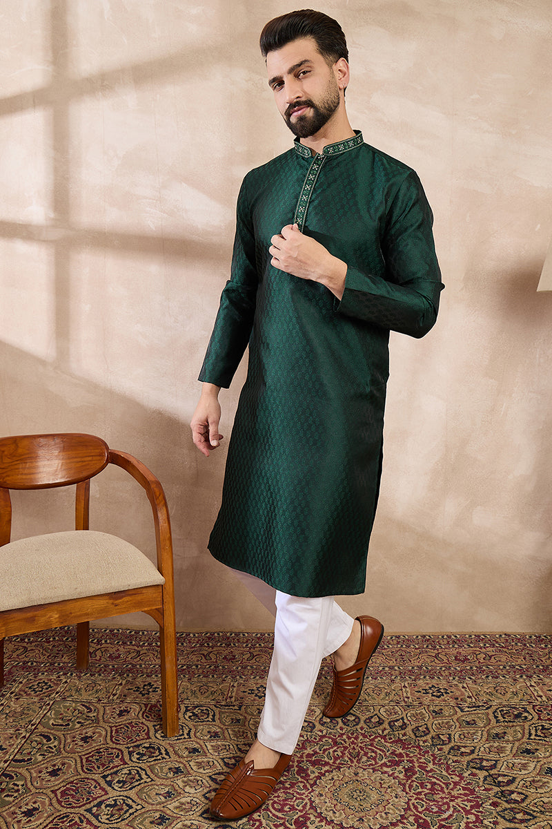 Green Silk Blend Solid Woven Design Straight Kurta MKU1900