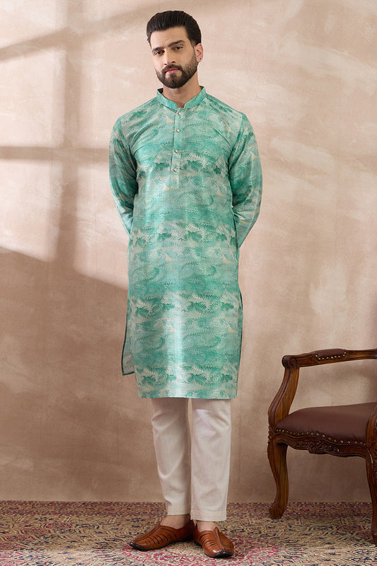 Green Silk Blend Printed Mandarin Collar Straight Kurta MKU2022