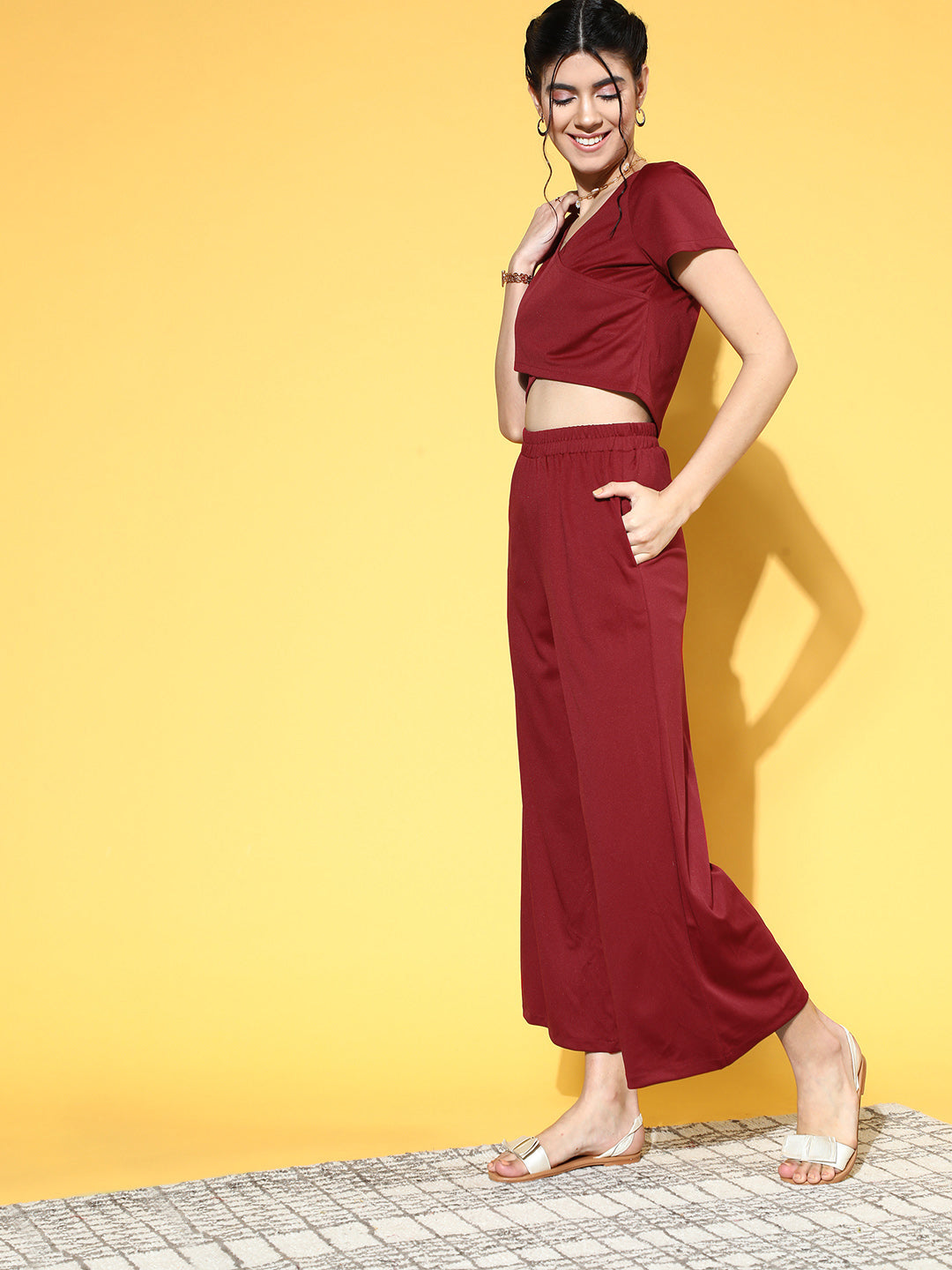 athena women charming maroon solid top with palazzos