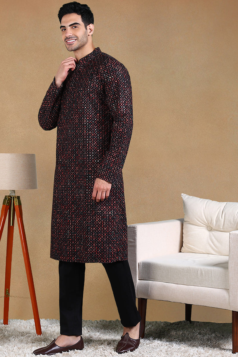 black viscose rayon ethnic motifs embroidered straight kurta for men