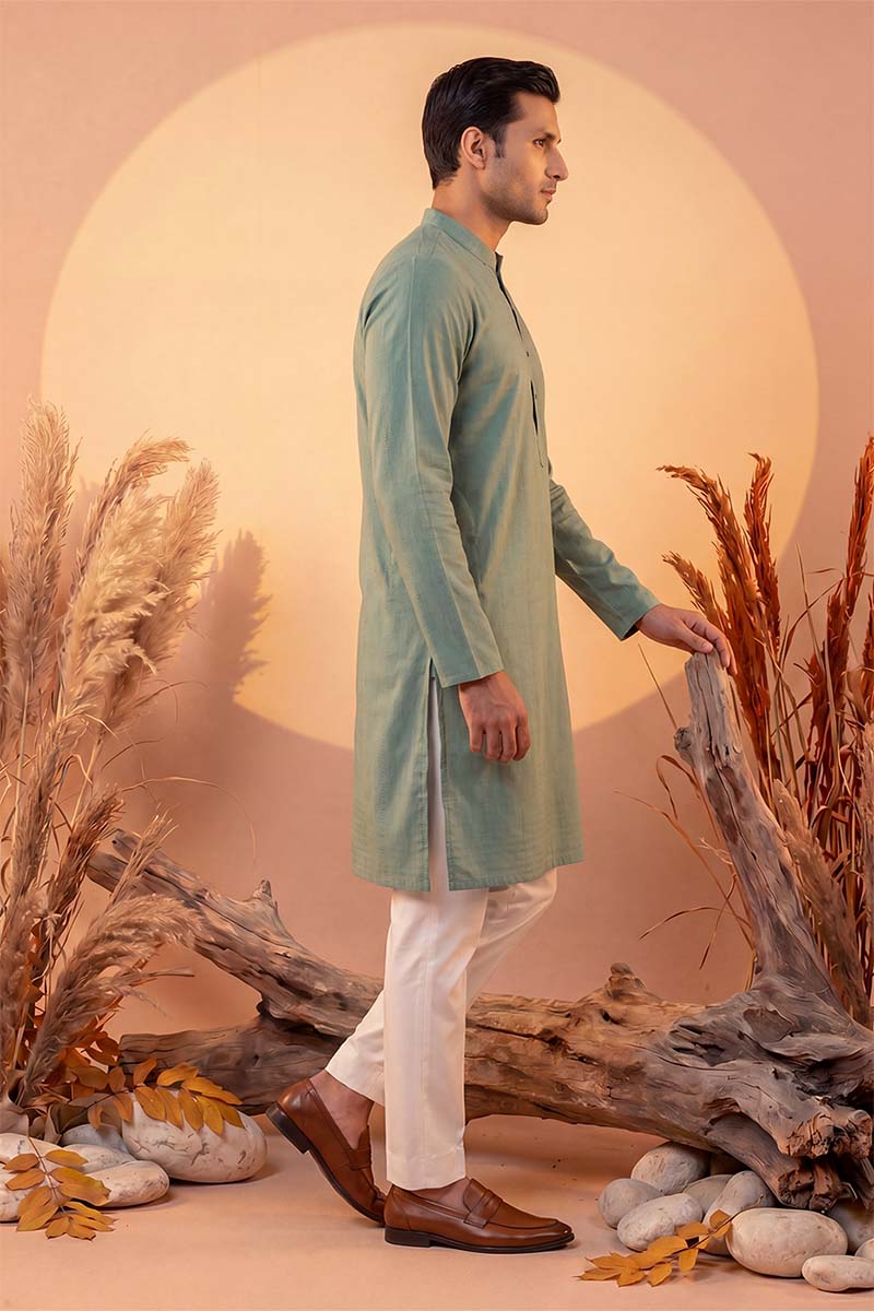 Mens Green Silk Blend Solid Solid Kurta With Trousers MKSET2221