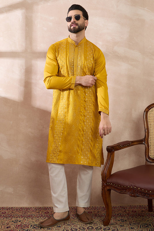 Mustard Silk Blend Embroidered Mandarin Collar Straight Kurta MKU1887