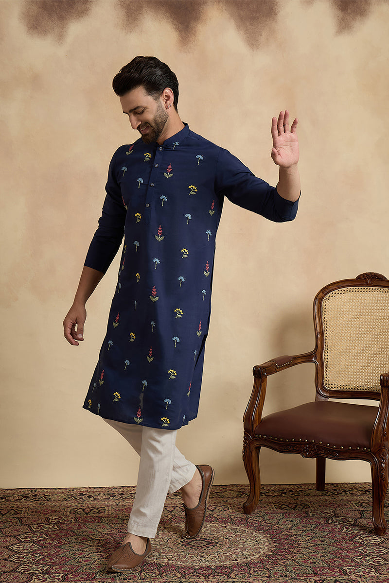 Mens Navy Blue Silk Blend Solid Embroidered Thread Work Kurta MKU2468