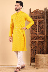 yellow viscose rayon solid embroidered straight kurta for men