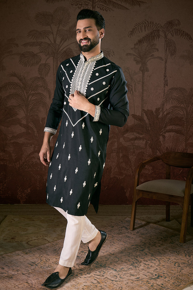 Black Silk Blend Solid Embroidered Straight Kurta MKU1886