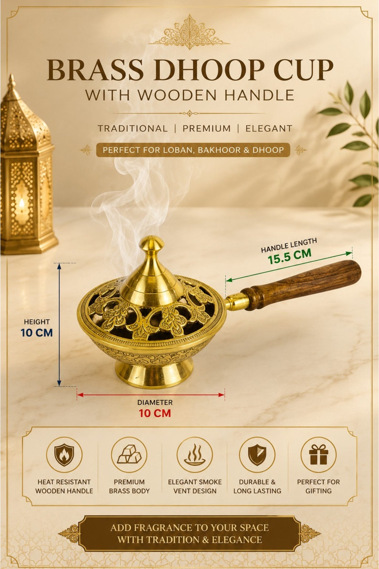 premium brass loban burner with wooden handle handcrafted brass dhoop dani for loban sambrani cups bakhoor camphor resin incense antique floral brass incense burner for home temple meditation gifting