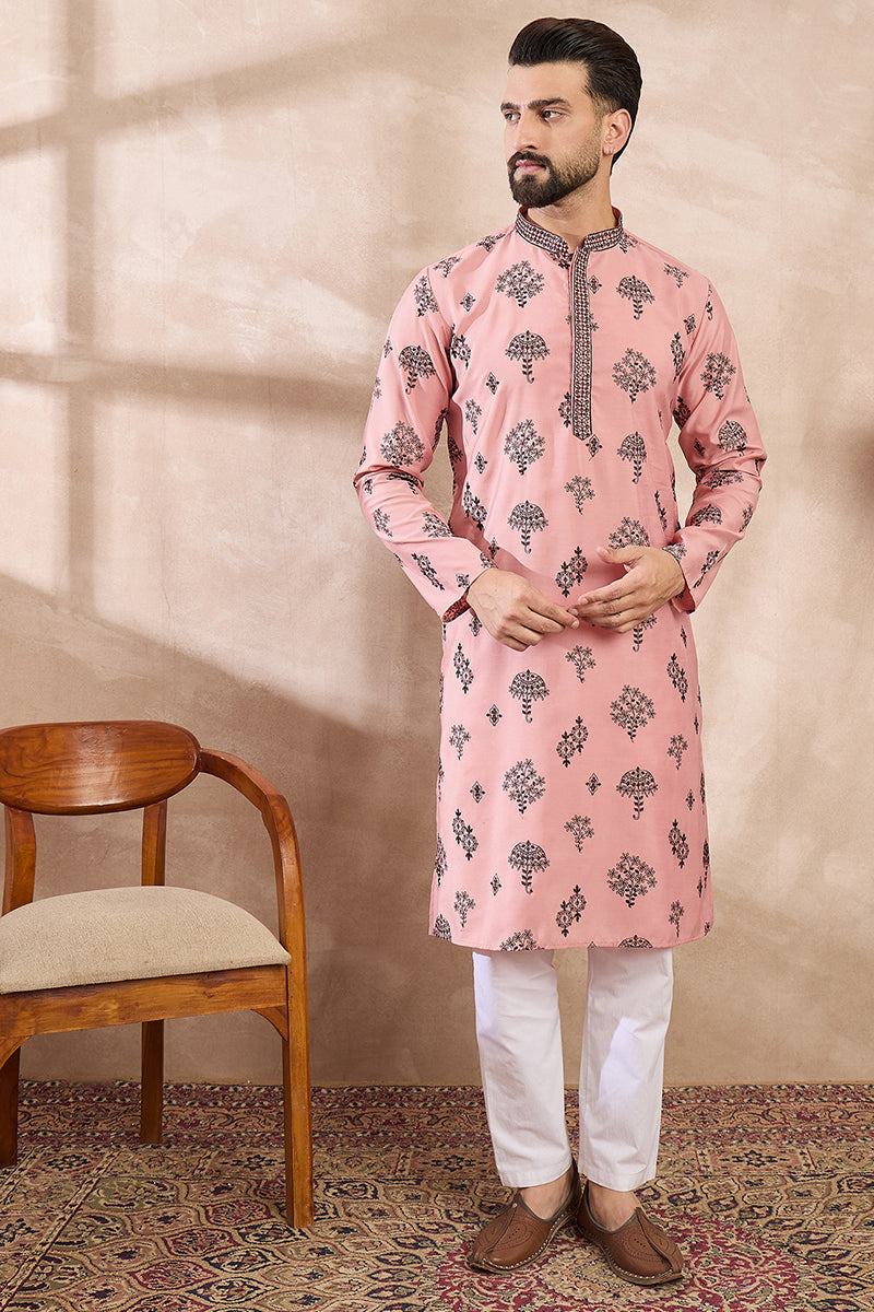 Peach Silk Blend Solid Embroidered Straight Kurta MKU1804