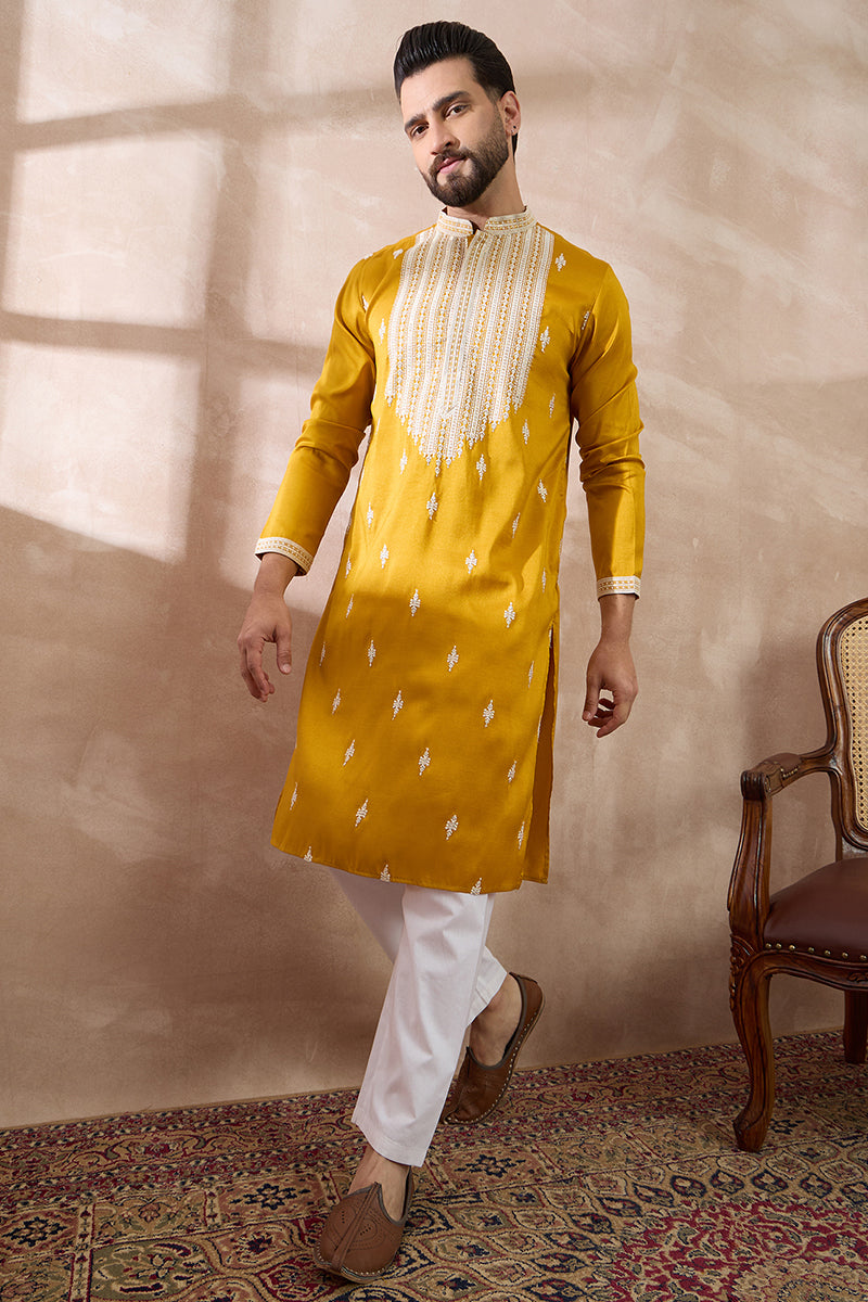 Yellow Silk Blend Embroidered Mandarin Collar Straight Kurta MKU1794