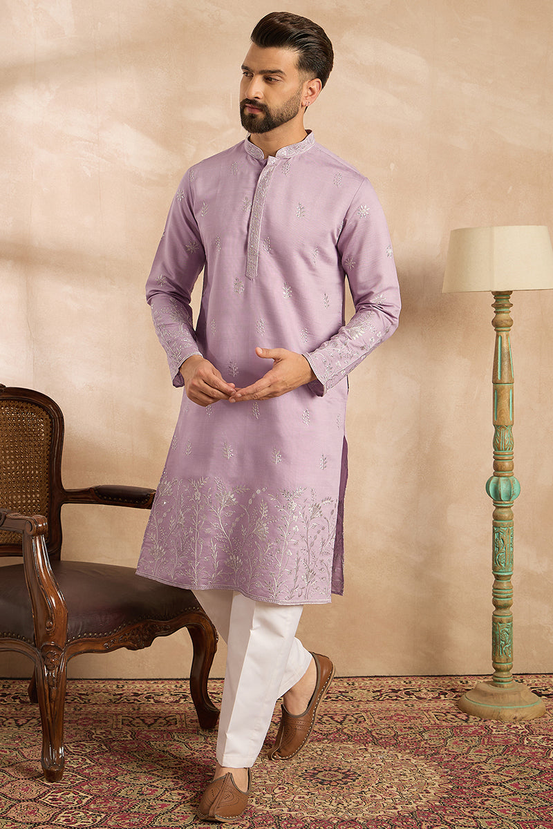 Lavender Silk Blend Floral Embroidered Straight Kurta With Trouser MKSET1781