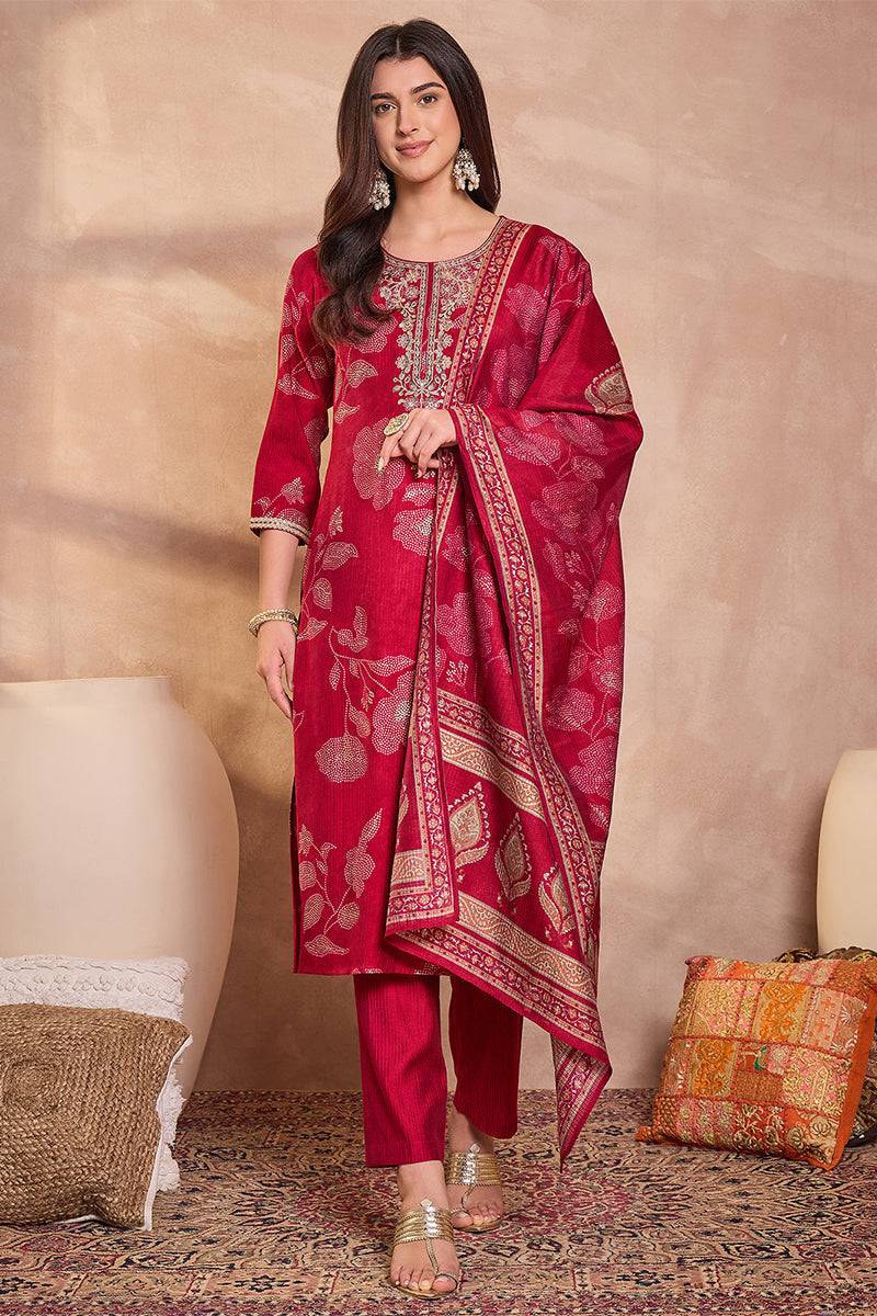 pink silk blend floral printed straight kurta trouser with dupatta pkskd3218