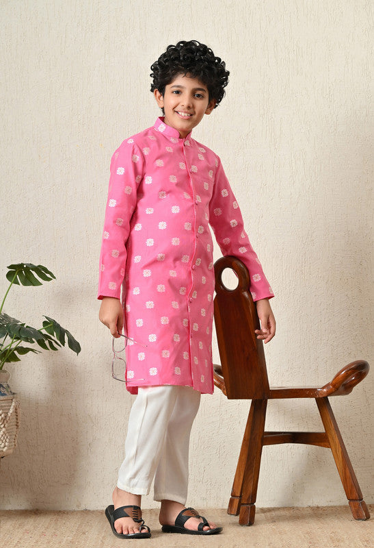 Indi Loom Couture Boys Pink Jacquard Royal  Kurta with White Pant Set ILBKS52