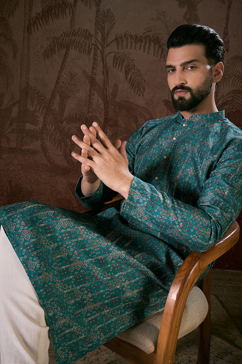 Blue Silk Blend Ethnic Motifs Printed Straight Kurta With Trouser MKSET1906