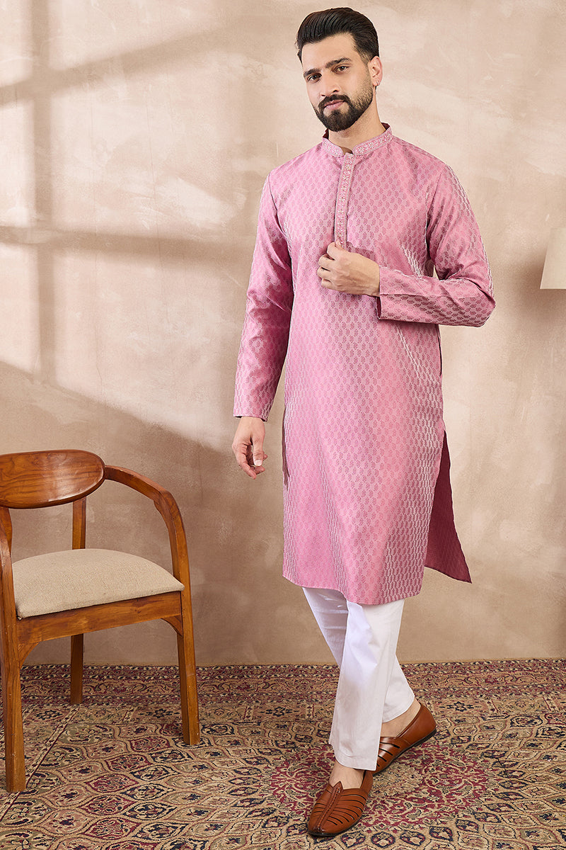 Pink Silk Blend Solid Woven Design Straight Kurta With Trouser MKSET1898
