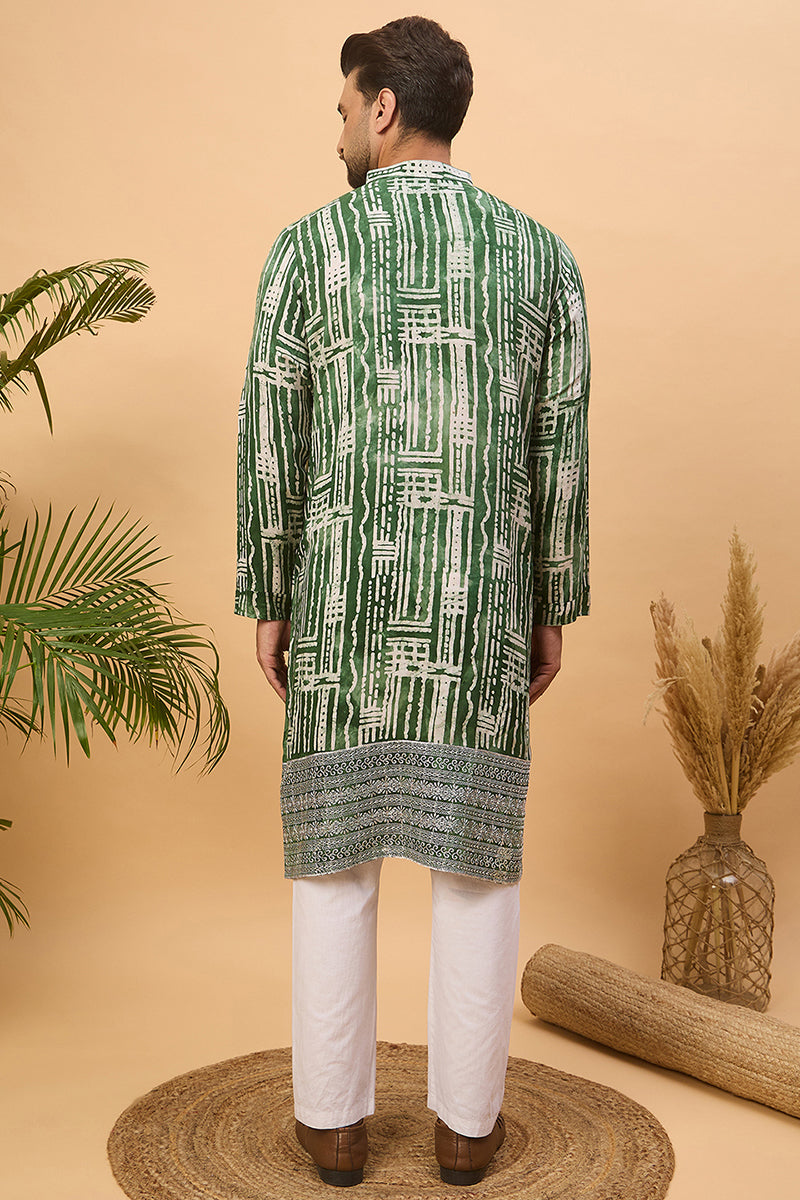 Green Viscose Rayon Batik Embroidered Straight Kurta MKU1500