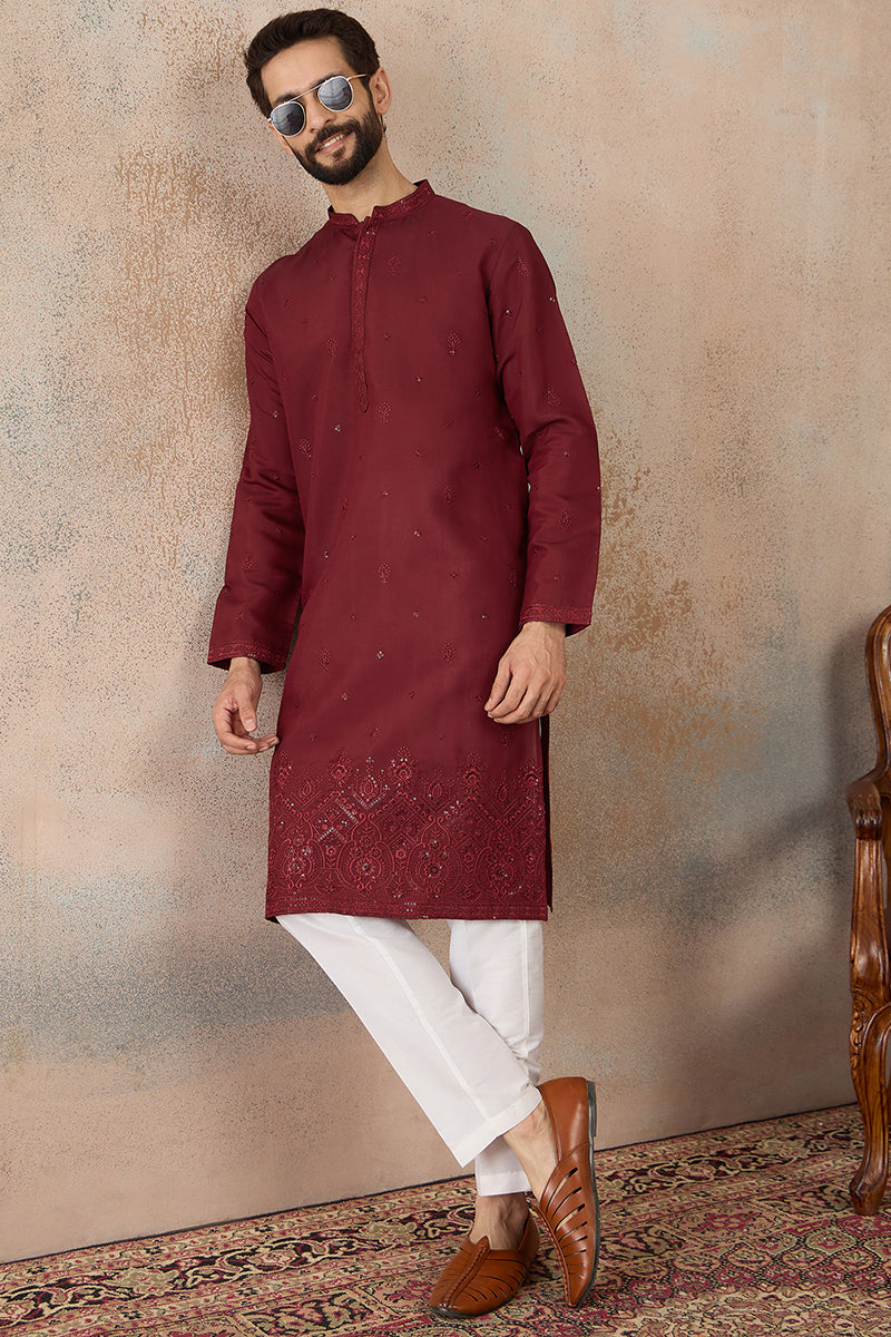 Mens Maroon Silk Blend Solid Emboidered Straight Kurta MKU2289