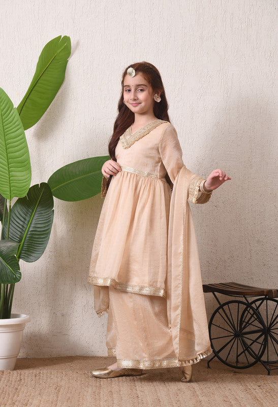 Indi Loom Couture Girls Beige Embellished Kurta with Sharara & Dupatta Set ILKSD71