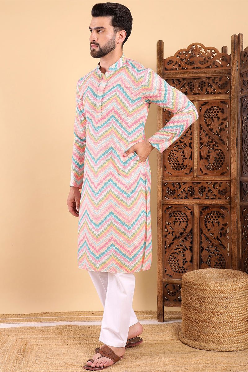 teal viscose rayon chevron embroidered straight kurta for men