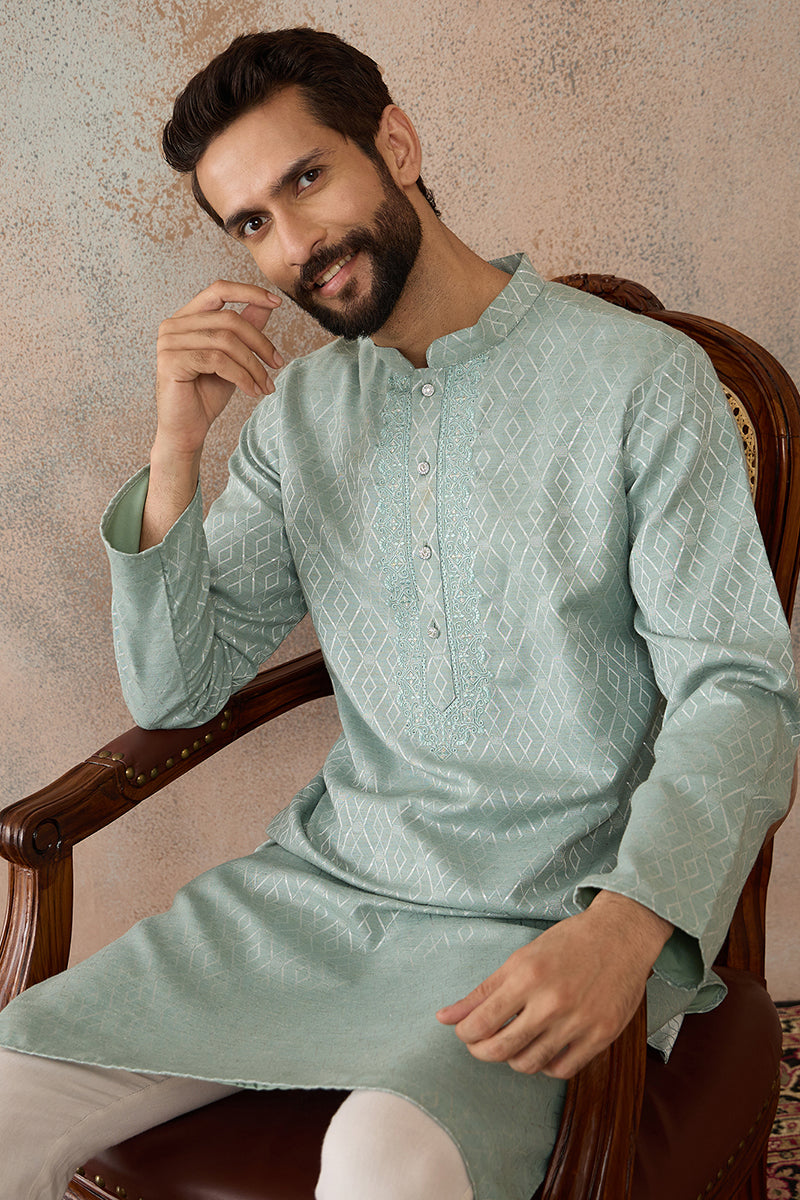 Mens Green Linen Blend Geometric Woven Design Kurta With Trouser MKSET2365