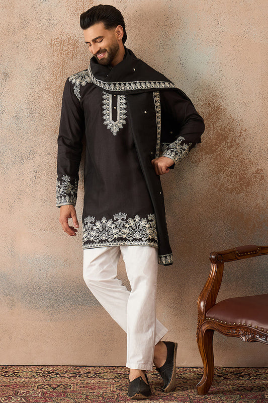 Mens Black Silk Blend Solid Embroidered Kurta With Dupatta MKUD1012