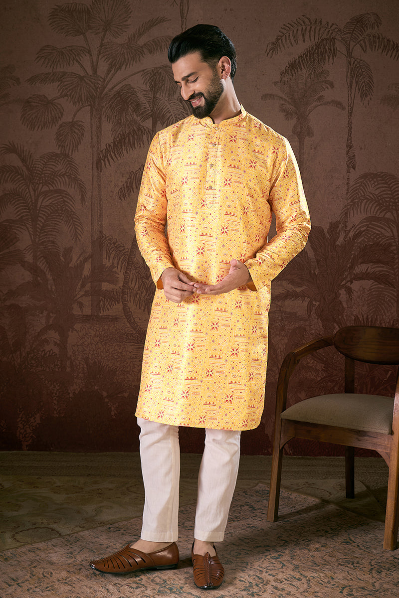 Yellow Silk Blend Ethnic Motifs Printed Straight Kurta With Trouser MKSET1936