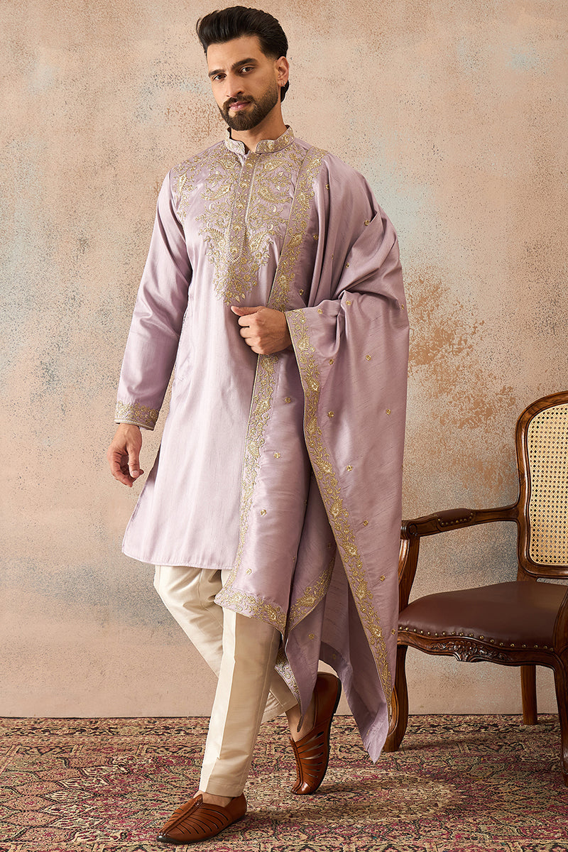 Men Lavender Zari Embroidered Silk Blend Kurta with Dupatta MKUD1047