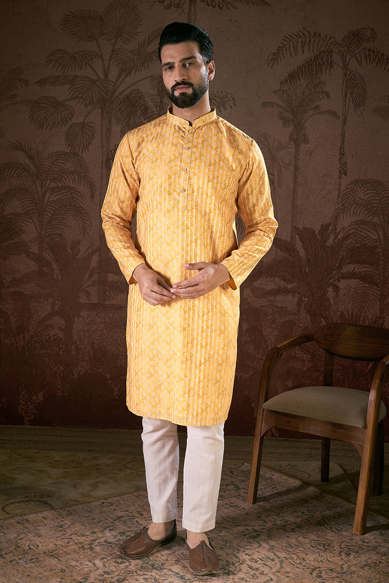 Yellow Silk Blend Ethnic Motifs Printed Straight Kurta With Trouser MKSET1949
