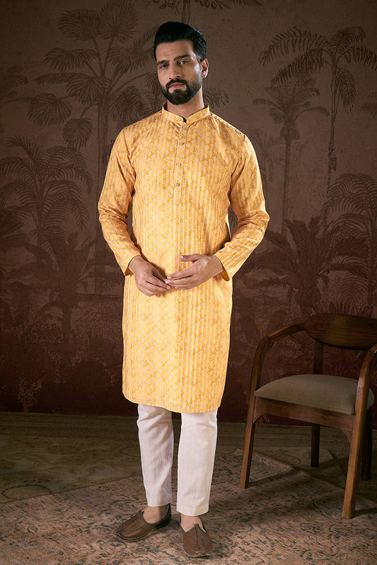 Yellow Silk Blend Ethnic Motifs Printed Straight Kurta With Trouser MKSET1949