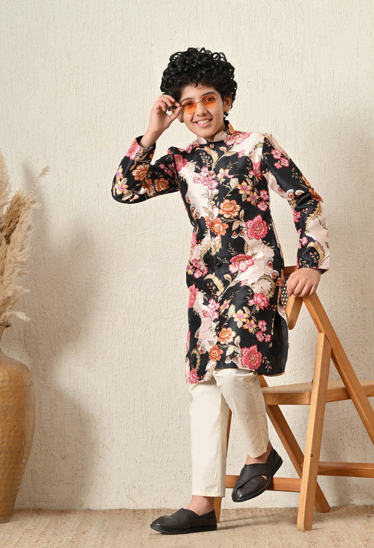 Indi Loom Couture Boys Black Floral Printed Blazzer Kurta with Off White Pyjama Set ILBKS45