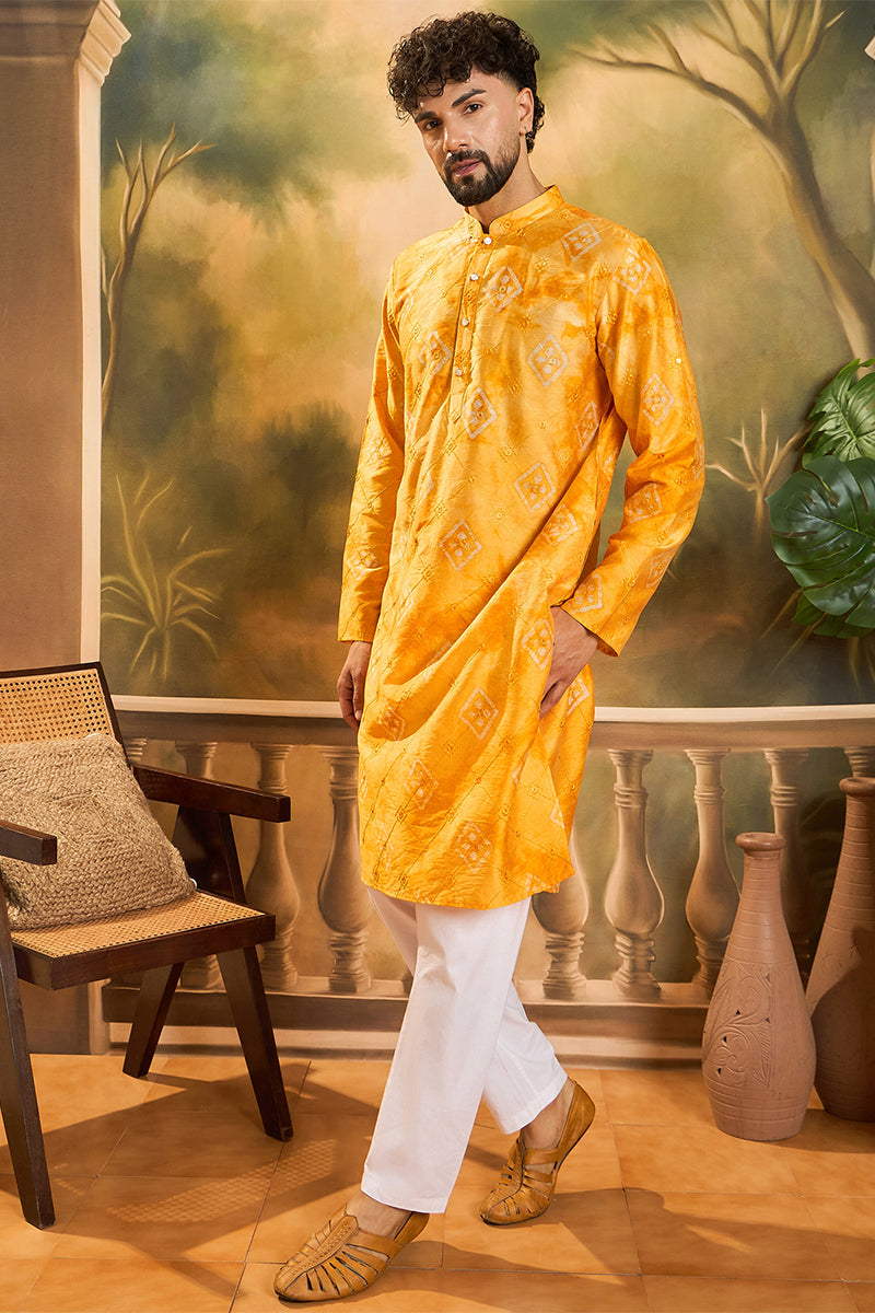orange silk blend batik embroidered straight kurta with trouser