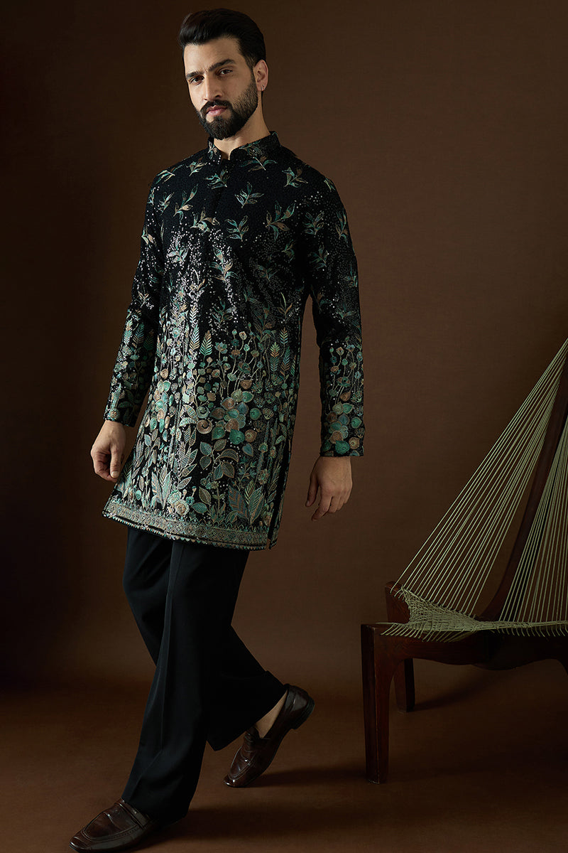 Black Silk Blend Solid Embroidered Straight Kurta MKU1876
