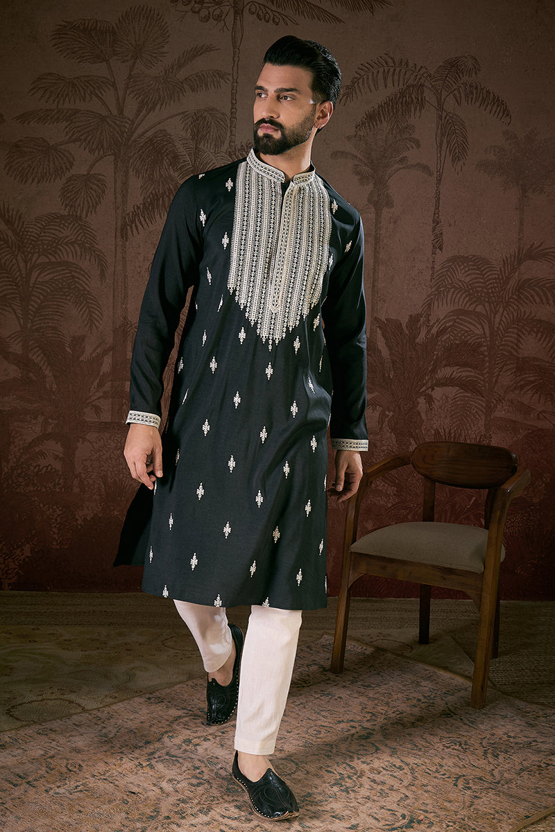 Black Silk Blend Solid Embroidered Straight Kurta With Trouser MKSET1883