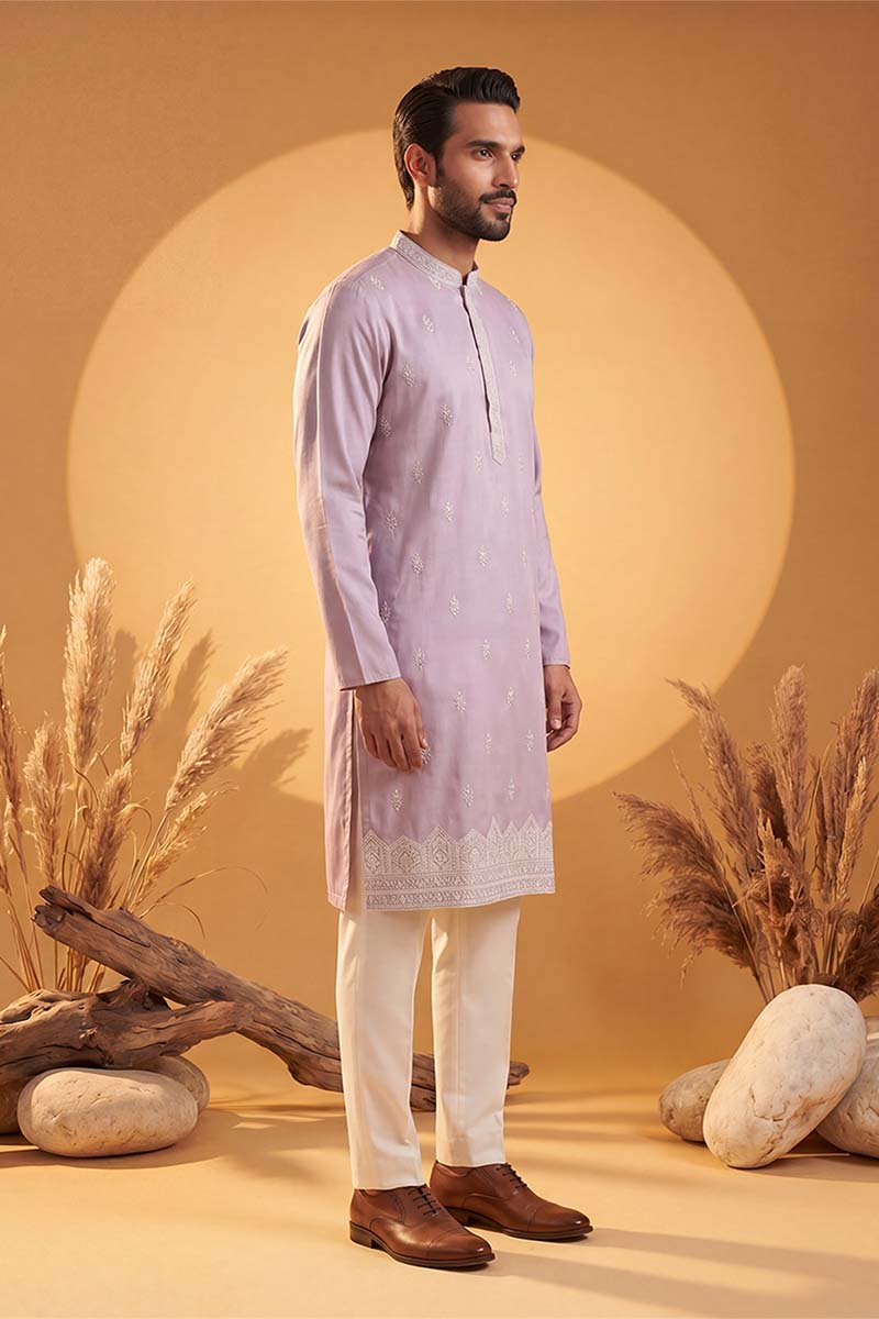 Mens Lavender Silk Blend Solid Embroidered Kurta With Trousers MKSET2269