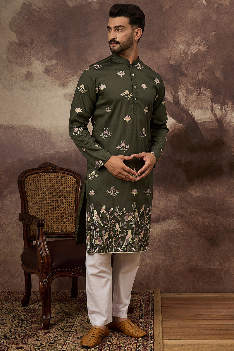 green silk blend solid embroidered straight kurta