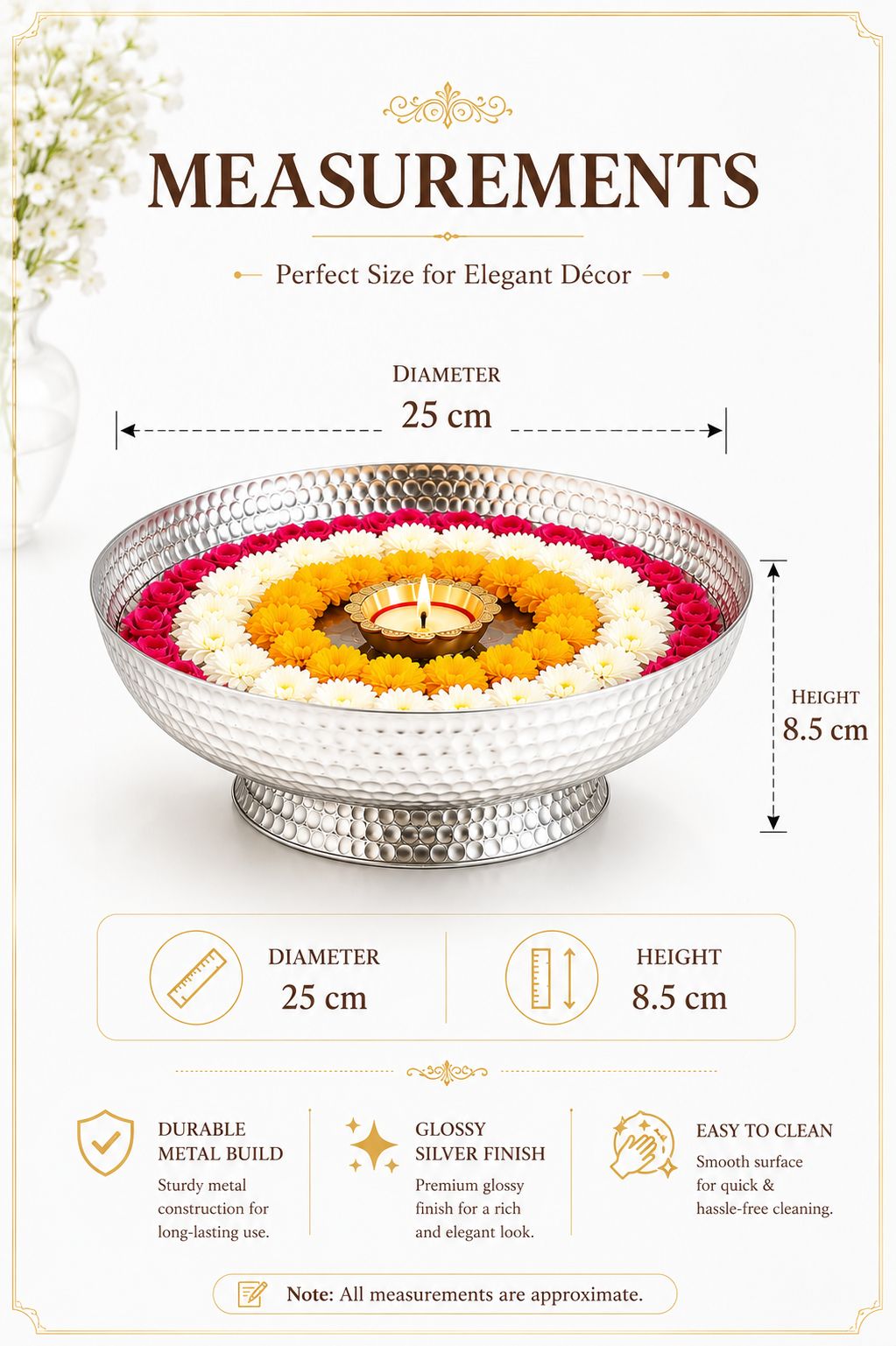premium hammered silver urli bowl decorative metal floating flower bowl for water candles tea lights diyas handcrafted festival pooja wedding home decor centerpiece